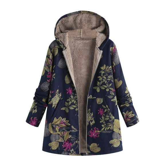 LoyisViDion Coat Womens Winter Warm Outwear Floral Print Hooded Pockets Vintage Oversize Coats Navy 16(XXXXL)