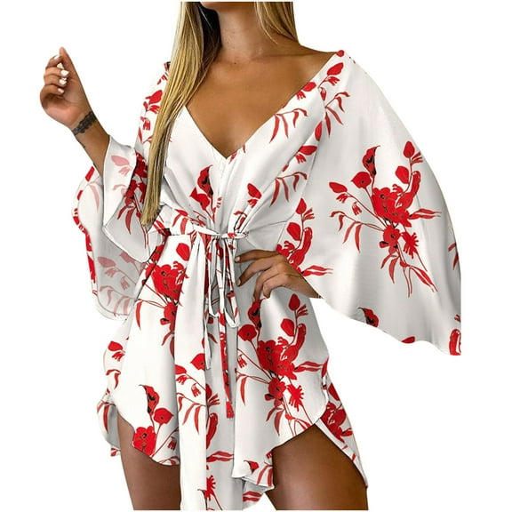 LoyisViDion Fashion Women Autumn V-Neck Dress Casual Printing Loose Comfy Short Sleeve Dress Red 6(M)