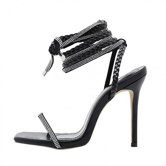 UTTOASFAY Fashion Women New Shoes High Heel Winding Strap Sandals Rhinestone Sandals Black 10.5(43)