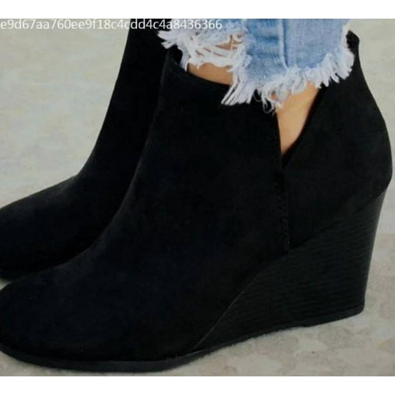 UTTOASFAY Fashion Women Suede Wedges Zipper Boots Solid Color Short Booties Round Toe Shoes Black 8(39)