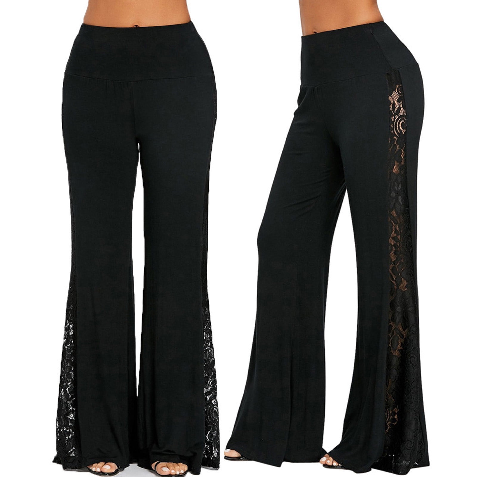 LoyisViDion Fashion Womens High Waist Lace Pants Insert Wide Leg Pants Leggings Loose Trousers Black L