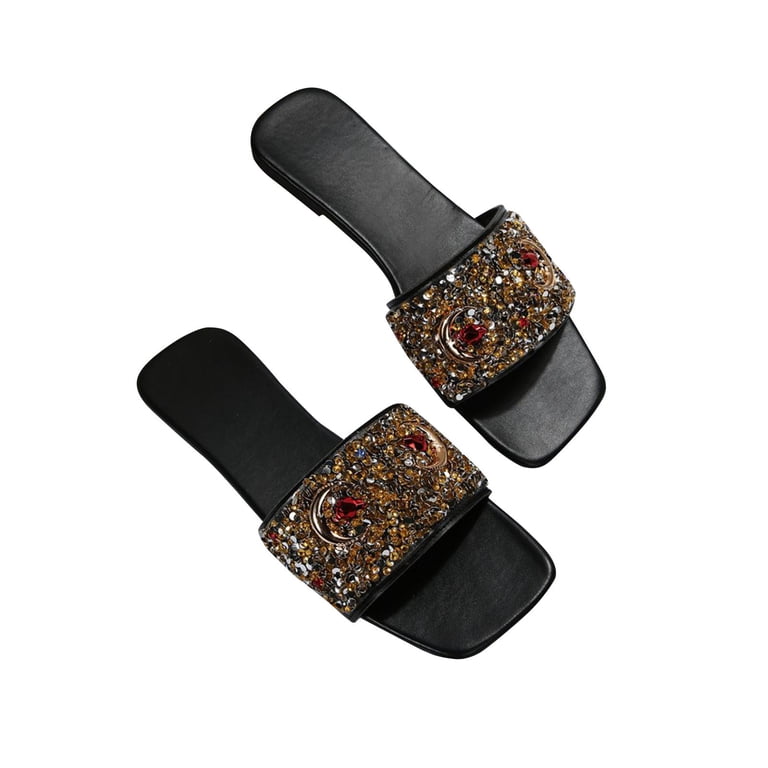 Black and Gold Sandals with Metallic Embellishments Black and Gold Metallic Bow Rhinestone Slide Sandals for  main image 2