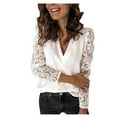 thumbnail image 1 of UTTOASFAY Large Size Women Lace Tops Solid Splicing Long Sleeve Slim Blouse V-Neck Tops Shirt White 8(L), 1 of 4