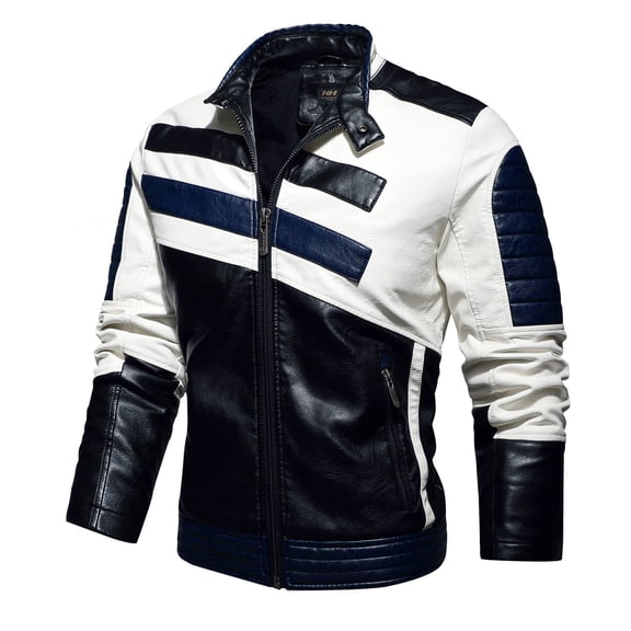 LoyisViDion Men Casual Motorcycle Leather Winter Racing Suit Top Zipper Stand-Up Collar Jacket Coats Dark Blue 14(XXXXL)