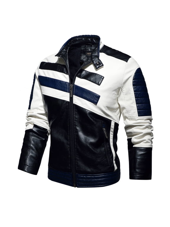 Men Casual Motorcycle Leather Winter Racing Suit Top Zipper Stand-Up Collar Jacket Coats Dark Blue 14(XXXXL)