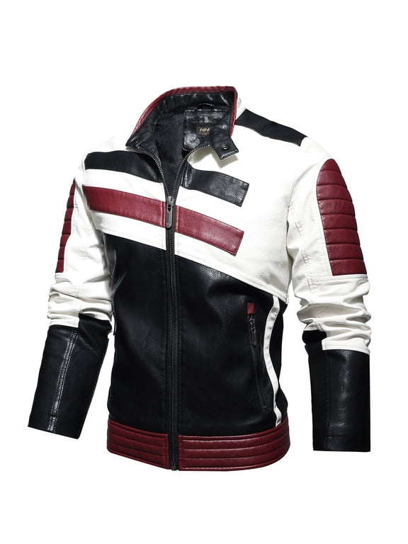 Men Casual Motorcycle Leather Winter Racing Suit Top Zipper Stand-Up Collar Jacket Coats Red 12(XXXL)