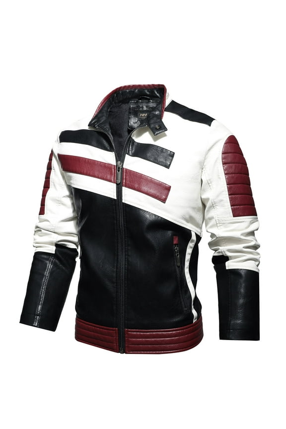 Men Casual Motorcycle Leather Winter Racing Suit Top Zipper Stand-Up Collar Jacket Coats Red 6(L)