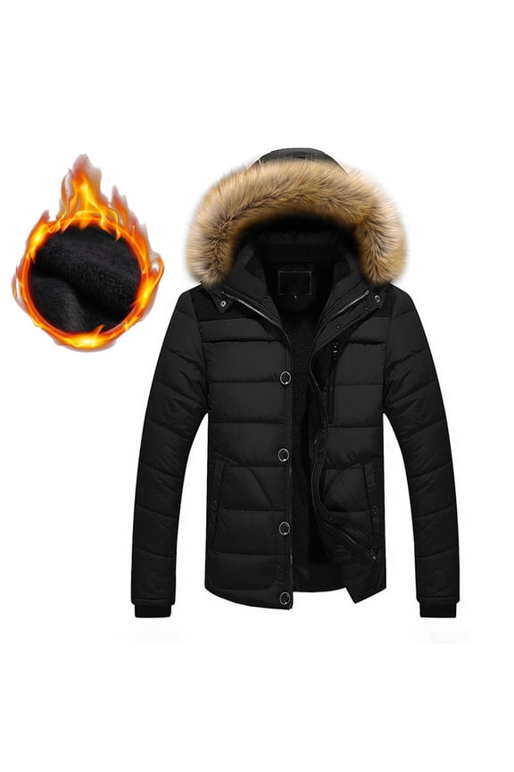 UTTOASFAY Men Outdoor Warm Winter Thick Jacket Hooded Coat Jacket with Zipper Pocket Black XL