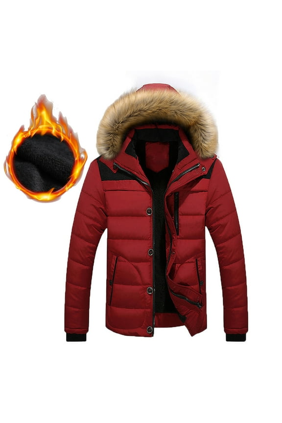 LoyisViDion Men Outdoor Warm Winter Thick Jacket Hooded Coat Jacket with Zipper Pocket Red M