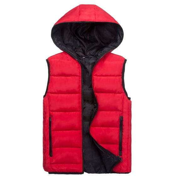 LoyisViDion Men'S Autumn Winter Zipper Pure Color Waistcoat Vest Top Hooded Coat Red M