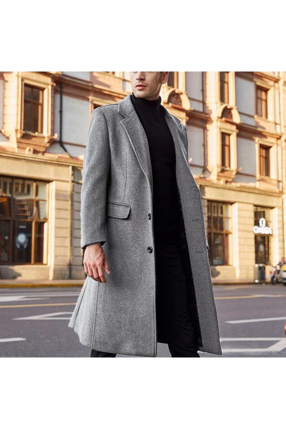 UTTOASFAY Men'S British Style Solid Color Long Coat Able Warm Woolen Overcoat Gray 6(S)