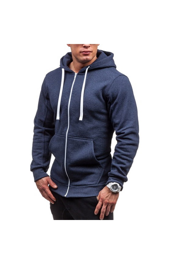 Men'S Solid Stitching Drawstring Hooded Slim Jacket Coat Outwear Blue XXXL