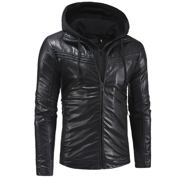 LoyisViDion Men Solid Casual Double Zipper Access Control Leather Hooded Jacket Coats Black 10(XXL)