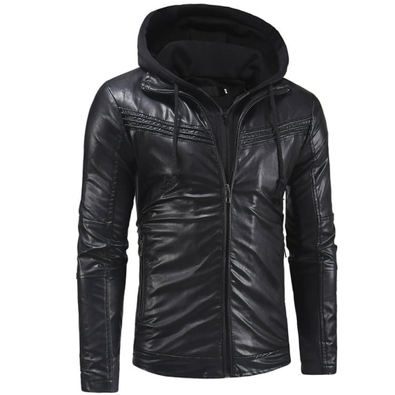 UTTOASFAY Men Solid Casual Double Zipper Access Control Leather Hooded Jacket Coats Black 8(XL)