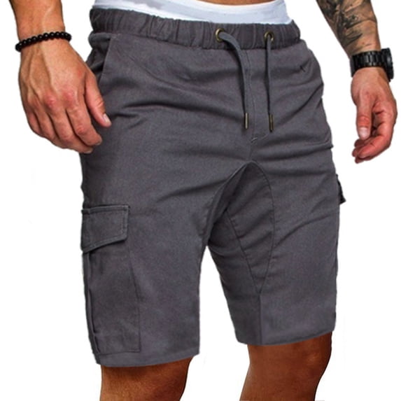 UTTOASFAY Mens Pants Fashion Man Solid Elastic Waist Mid Waist Loose Pockets Bandage Short Pants Gray 14(XXXL)