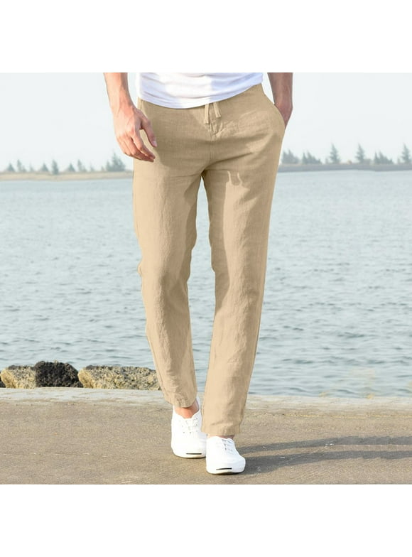 LoyisViDion Mens Pants Clearance Fashion Men Casual Work Cotton Blend Pure Elastic Waist Long Pants Trousers Khaki 30(M)