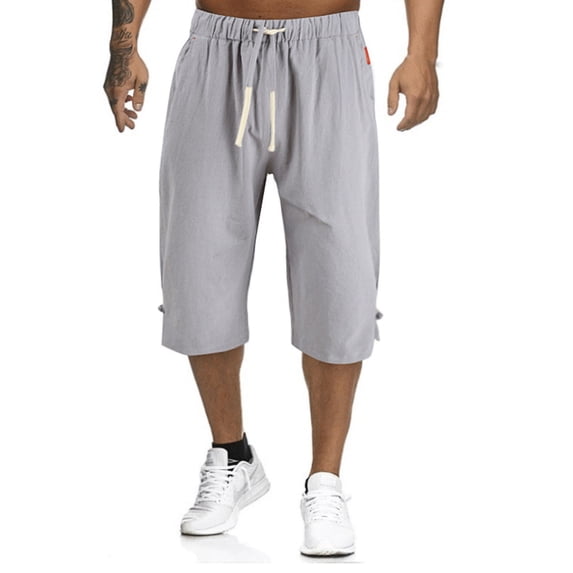 LoyisViDion Mens Pants Clearance Men Casual Fashion Drawstring Solid Color Cotton and Linen Seven Points Pants Gray 10(XL)