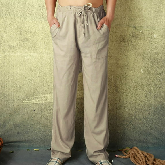 UTTOASFAY Mens Pants Men Fashion Cotton Linen Plus Size Casual Elastic Waist Pockets Long Pants Khaki 18(XXXXXL)