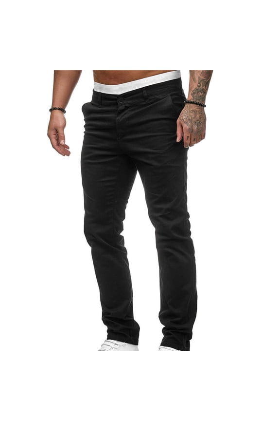 UTTOASFAY Mens Pants Men's Casual Button Open Slim Fit Straight Solid Color Trousers Black 4(S)