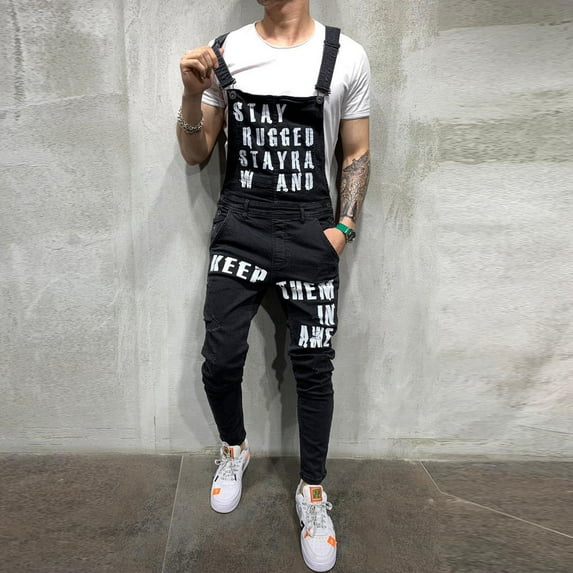 LoyisViDion Mens Pants Clearance Mens Hole Pocket Jeans Overall Jumpsuit Streetwear Overall Suspender Pants Black 29(S)