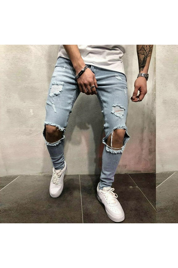 LoyisVidion Slim-Fit Ripped Jeans for Men’s Casual Style - Mens Skinny Stretch Pants Distressed Ripped Freyed Trousers