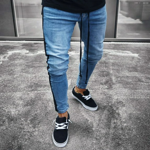 UTTOASFAY Mens Pants Mens Stretch Denim Pants Distressed Ripped Freyed Slim Fit Zipper Jeans Trousers Black XL