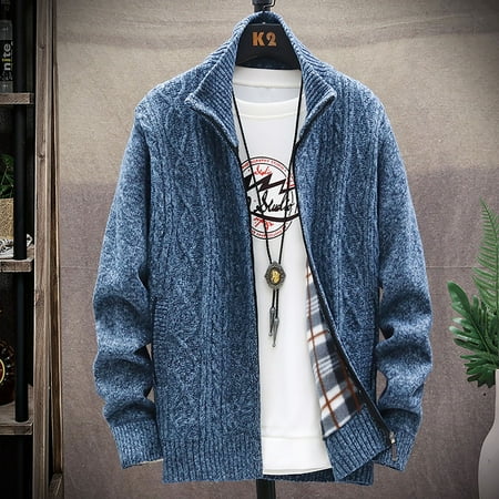 UTTOASFAY Mens Zip Up Knitted Cardigan Thick Sweater Stand Collar Fleece Lined Warm Blue 6(M)