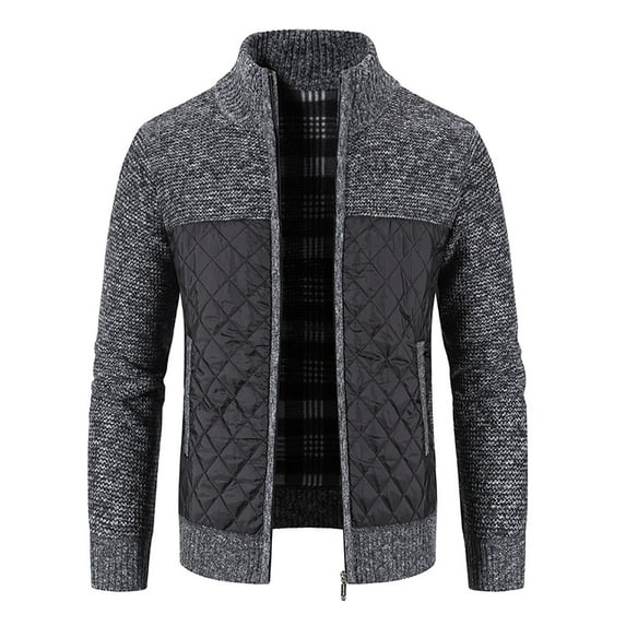 UTTOASFAY Mens Zip Up Knitted Cardigan Thick Sweater Stand Collar Fleece Lined Warm Gray 6(M)