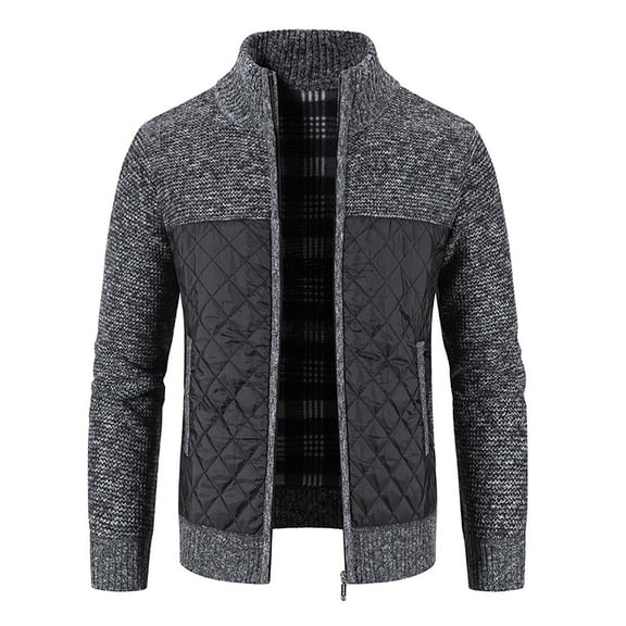 UTTOASFAY Mens Zip Up Knitted Cardigan Thick Sweater Stand Collar Fleece Lined Warm Gray 6(M)