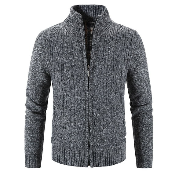 UTTOASFAY Mens Zip Up Knitted Cardigan Thick Sweater Stand Collar Fleece Lined Warm Gray 8(L)