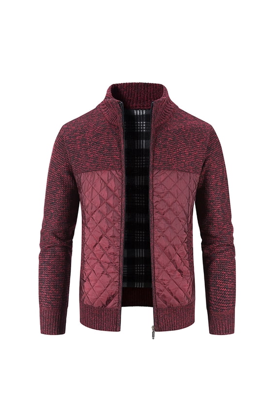 UTTOASFAY Mens Zip Up Knitted Cardigan Thick Sweater Stand Collar Fleece Lined Warm Red 6(M)