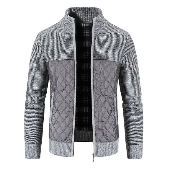 LoyisViDion Mens Zip Up Knitted Cardigan Thick Sweater Stand Collar Fleece Lined Warm Silver 14(XXXL)