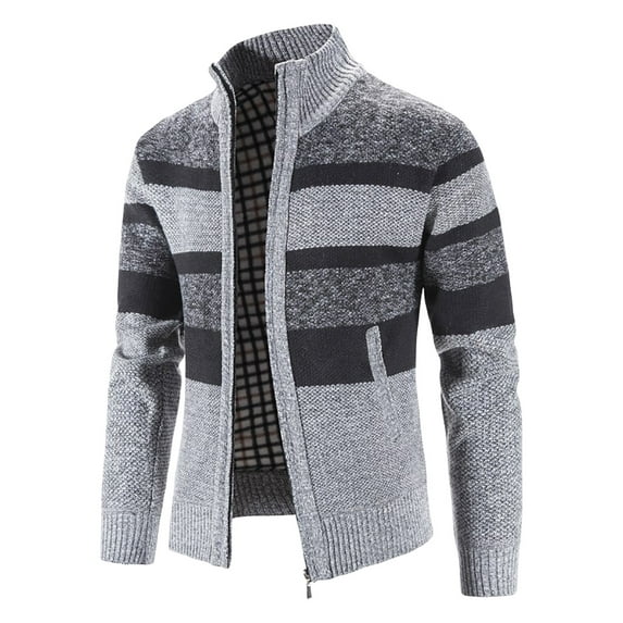 UTTOASFAY Mens Zip Up Knitted Cardigan Thick Sweater Stand Collar Fleece Lined Warm Silver 6(M)