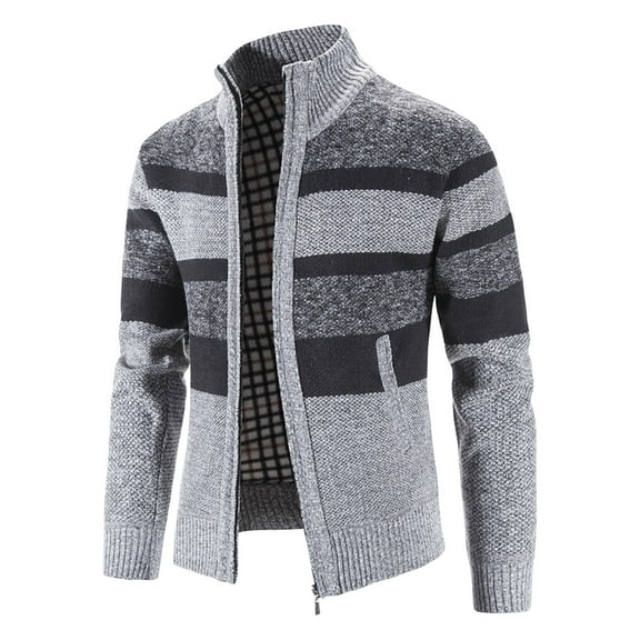 UTTOASFAY Mens Zip Up Knitted Cardigan Thick Sweater Stand Collar Fleece Lined Warm Silver 6(M)