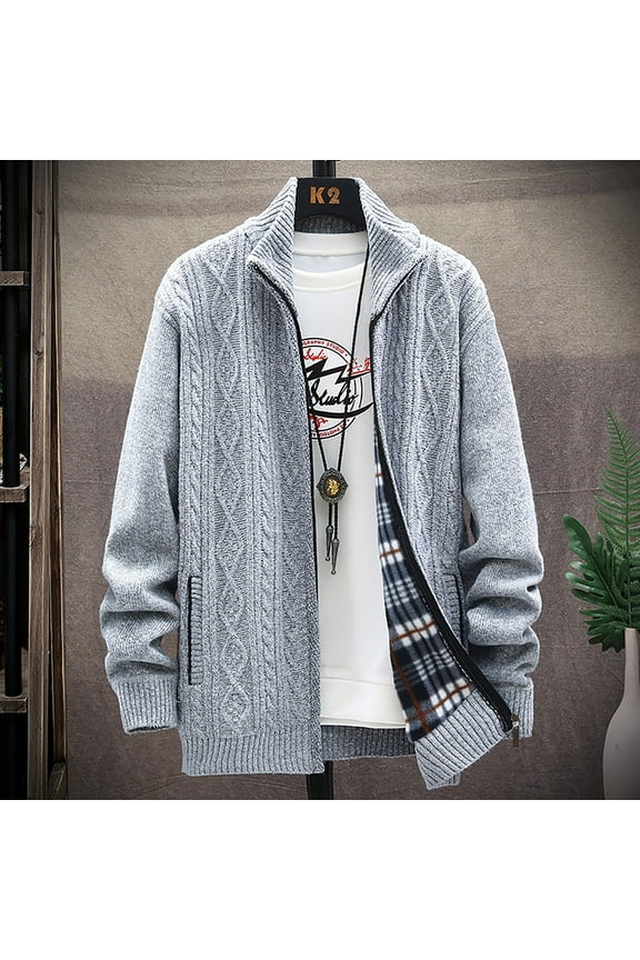 UTTOASFAY Mens Zip Up Knitted Cardigan Thick Sweater Stand Collar Fleece Lined Warm Silver 8(L)