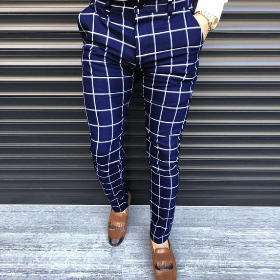 UTTOASFAY Pants for Men Fashion Men Casual Business Slim Fit Plaid Print Zipper Long Pants Trousers