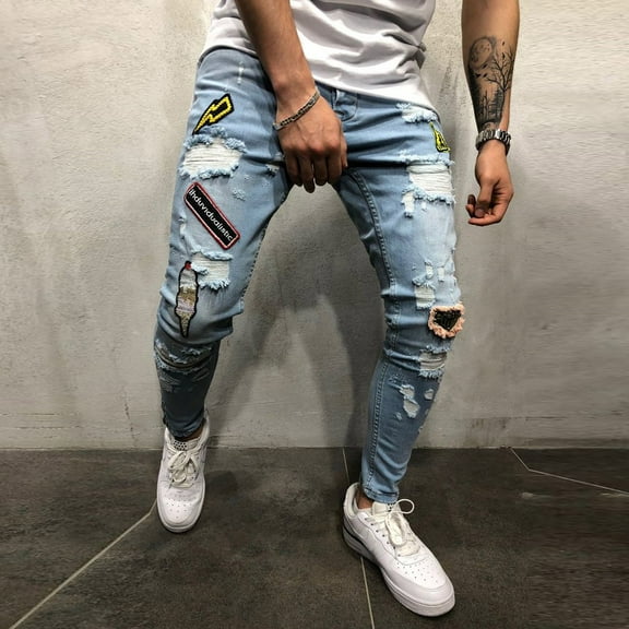LoyisViDion Pants Clearance for Men Men'S Autumn Denim Cotton Straight Hole Pocket Trousers Distressed Jeans Pants Flash Picks