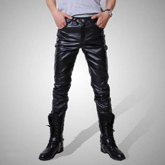 UTTOASFAY Pants for Men Men's New Fashion Autumn Winter Moto Biker Slim Fit Leather Long Pants