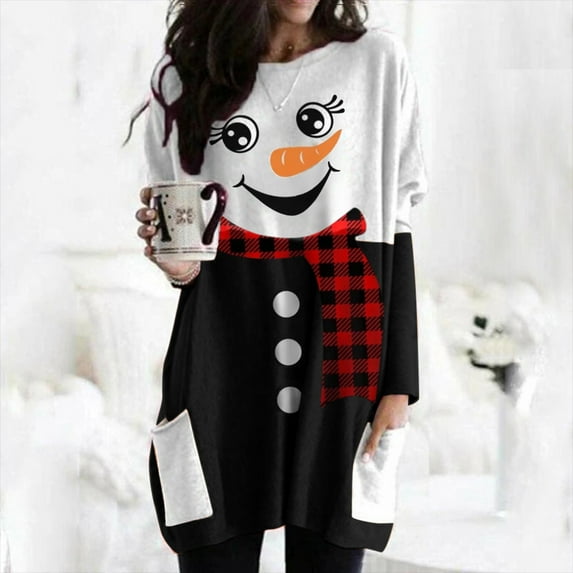 LoyisViDion Plus Size Women Long Sleeve Christmas Printed O-Neck Tops Tee T-Shirt Blouse Black 10(XL)