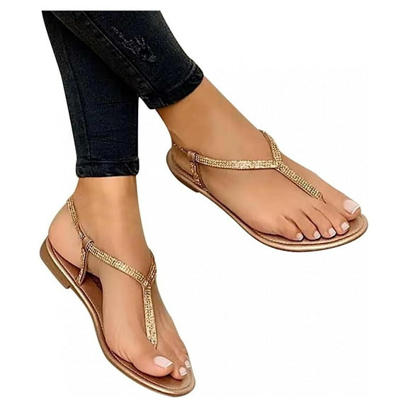 UTTOASFAY Rhinestone Sandals Women's Shoes Flat Beach Sandals and Slippers Women Gold 5.5(35)