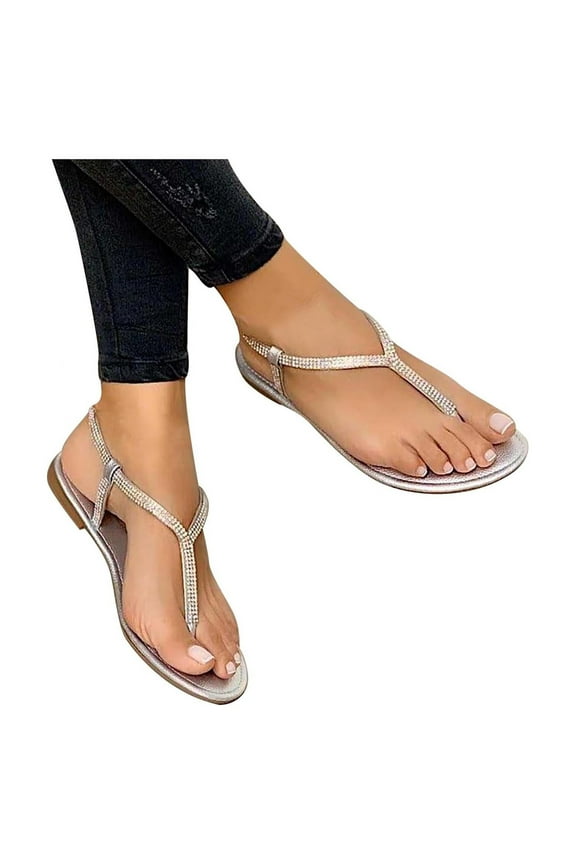 UTTOASFAY Rhinestone Sandals Women's Shoes Flat Beach Sandals and Slippers Women Silver 9.5-10(42)