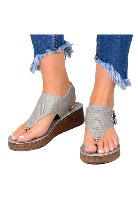 UTTOASFAY Summer Casual Hollow Split-Toe Women's Herringbone Wedge Sandals Gray 7.5(38)