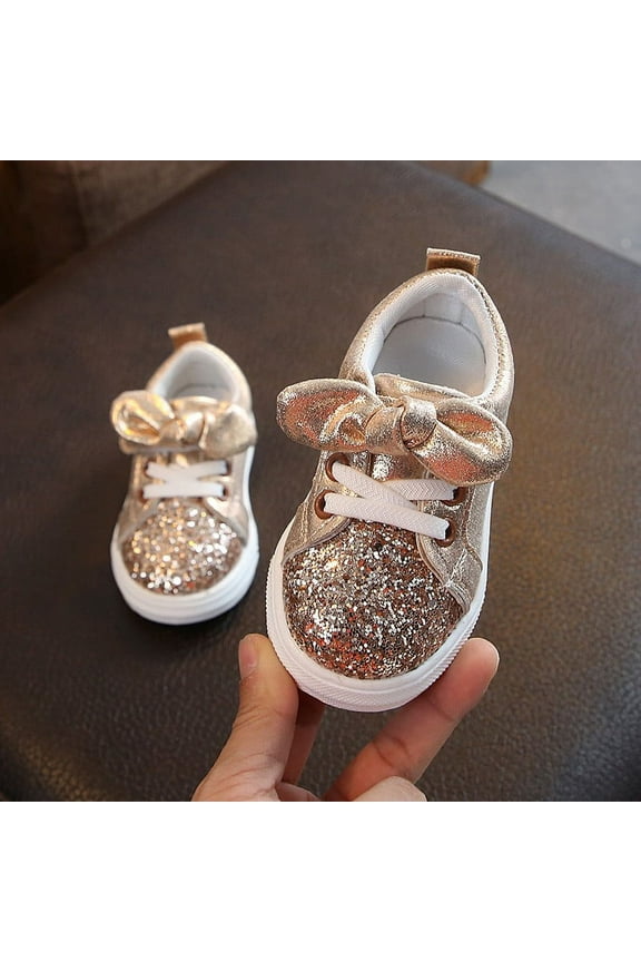 LoyisViDion Toddler Shoes Clearance Children Baby Girls Boys Shoes Bling Sequins Bowknot Crystal Run Sport Sneakers Shoes Gold 18-24Months