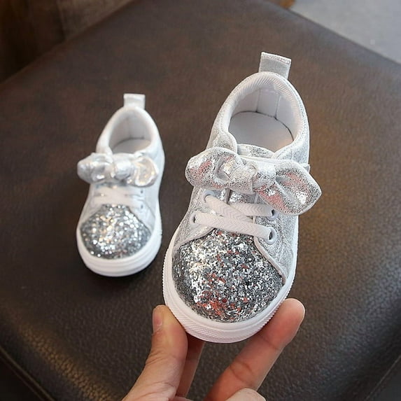 LoyisViDion Toddler Shoes Clearance Children Baby Girls Boys Shoes Bling Sequins Bowknot Crystal Run Sport Sneakers Shoes Silver 3-3.5Years