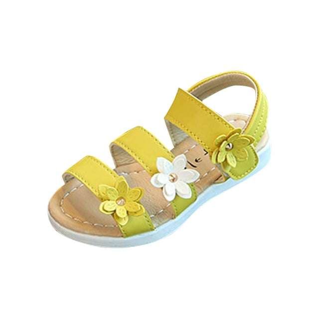 LoyisViDion Toddler Shoes Clearance Children Girls Shoes Sandals Princess Open-Toed Soft Bottom Flowers Roman Beach Shoes Yellow 9-9.5Years