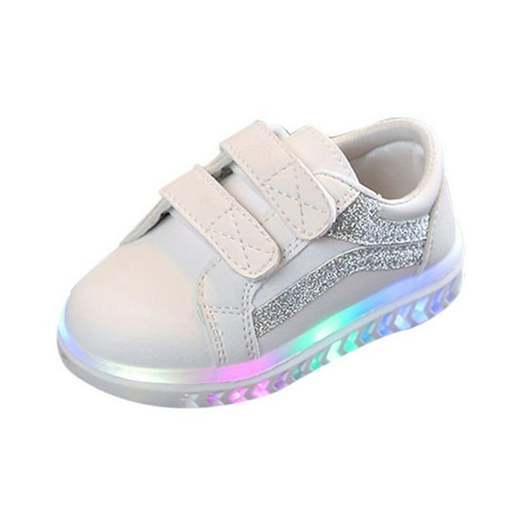 UTTOASFAY Toddler Shoes Children Kid Baby Girls Boys Shoes Striped Bling Flat Led Luminous Sport Sneaker Shoes Silver 4-4.5Years