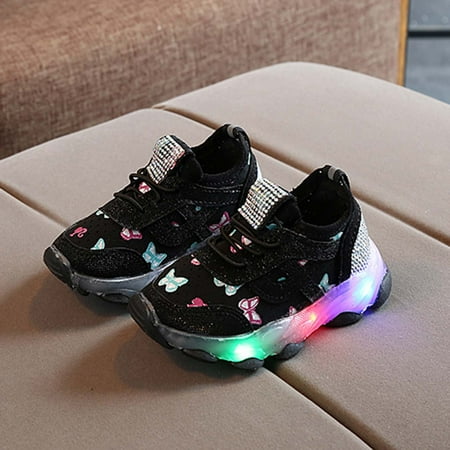 LoyisViDion Toddler Shoes Clearance Children Kid Baby Girls Shoes Butterfly Crystal Led Luminous Sport Run Sneakers Shoes Black 6.5-7Years