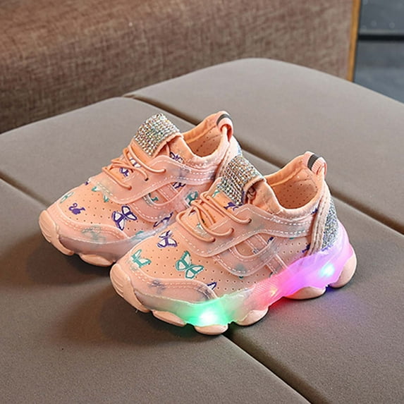 UTTOASFAY Toddler Shoes Children Kid Baby Girls Shoes Butterfly Crystal Led Luminous Sport Run Sneakers Shoes Pink 4-4.5Years