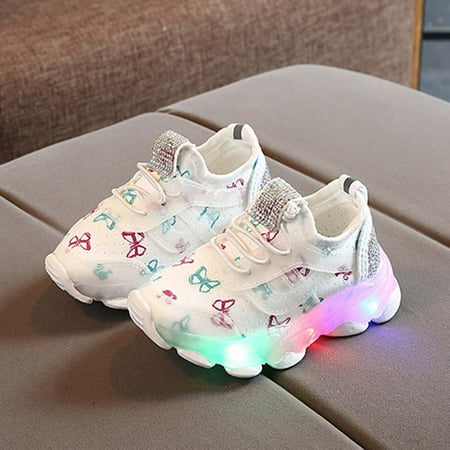 LoyisViDion Toddler Shoes Clearance Children Kid Baby Girls Shoes Butterfly Crystal Led Luminous Sport Run Sneakers Shoes White 18-24Months