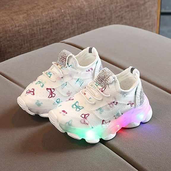 UTTOASFAY Toddler Shoes Children Kid Baby Girls Shoes Butterfly Crystal Led Luminous Sport Run Sneakers Shoes White 2.5-3Years